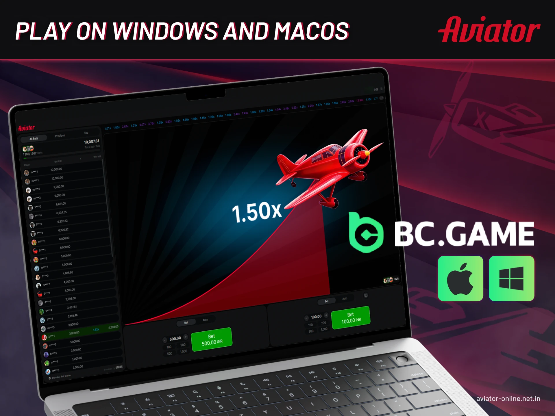 Indian players can open BC Game Aviator on Windows and MacOS through a browser.