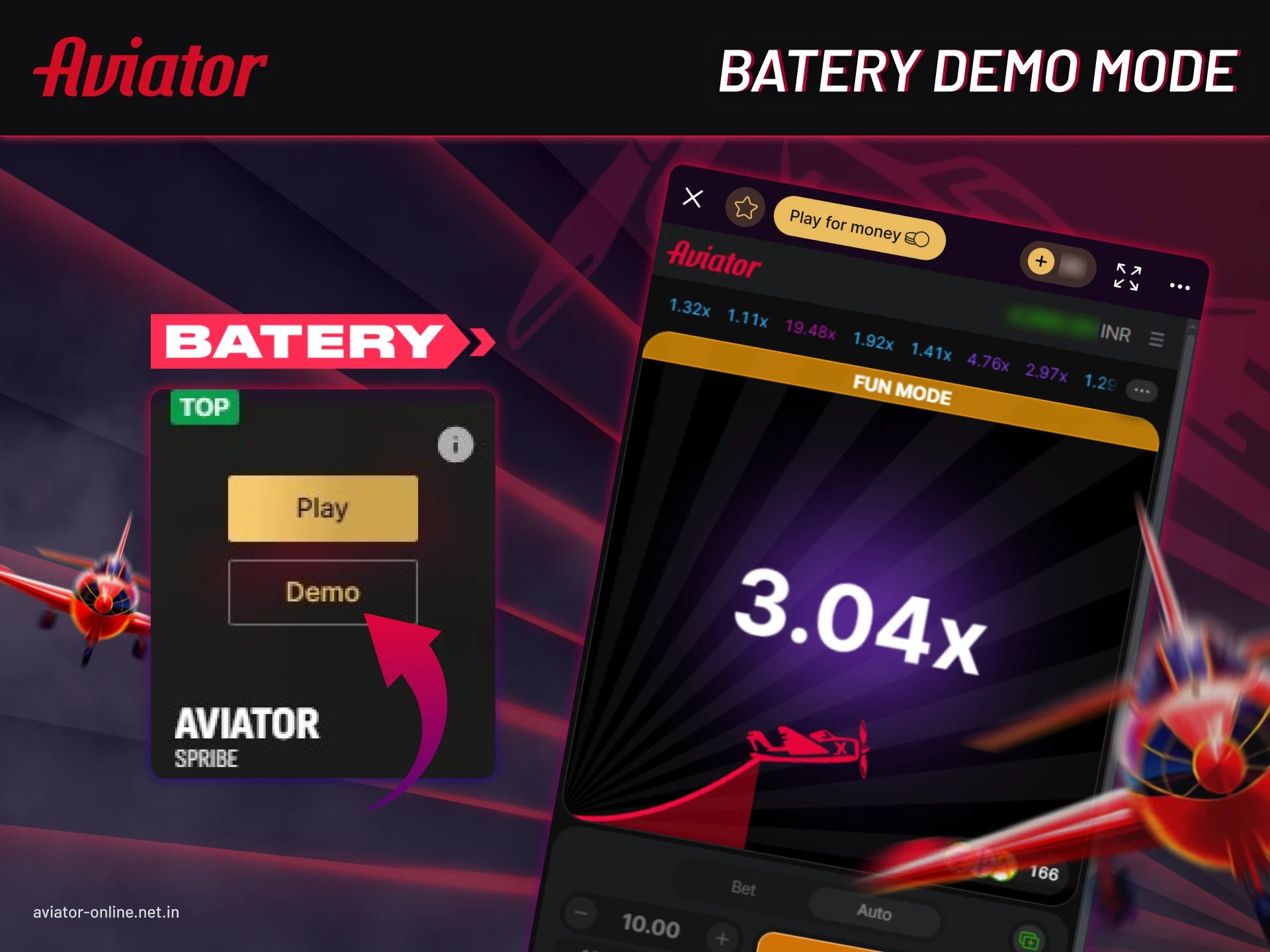 Play Aviator risk-free on the Batery demo account.