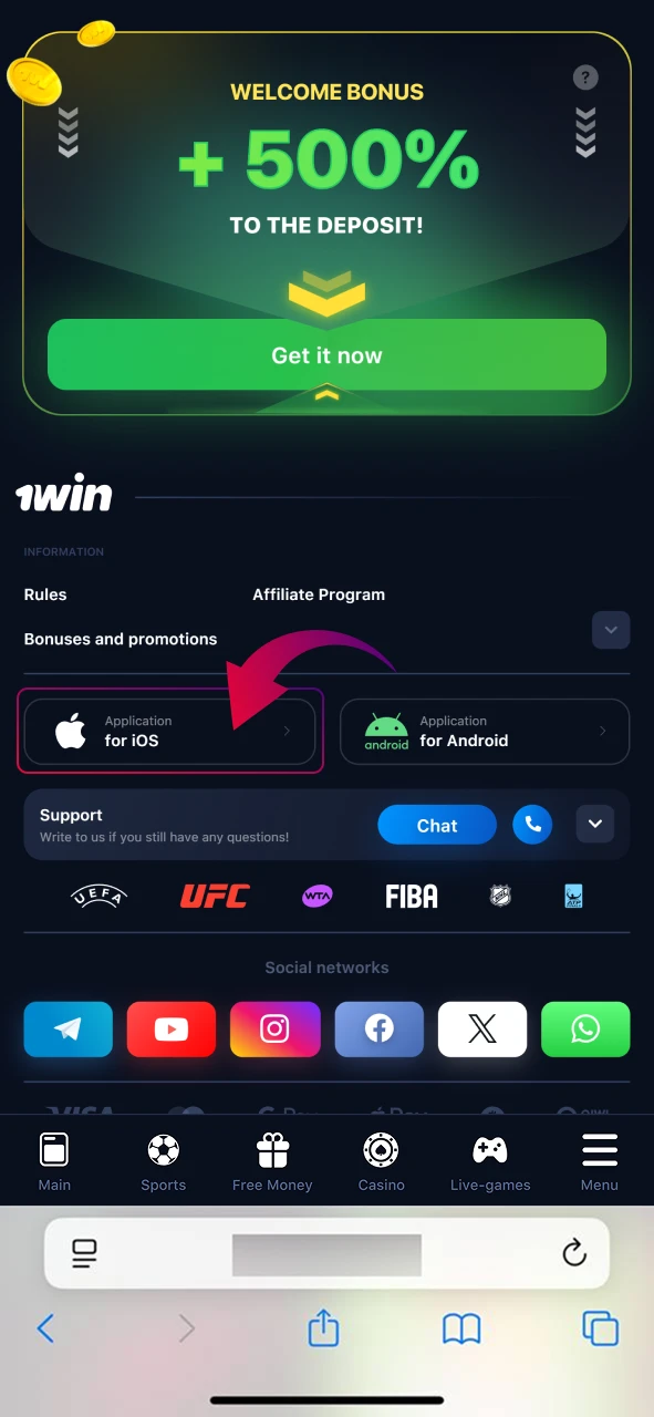 Locate iOS app icons for 1win by scrolling down the official site.