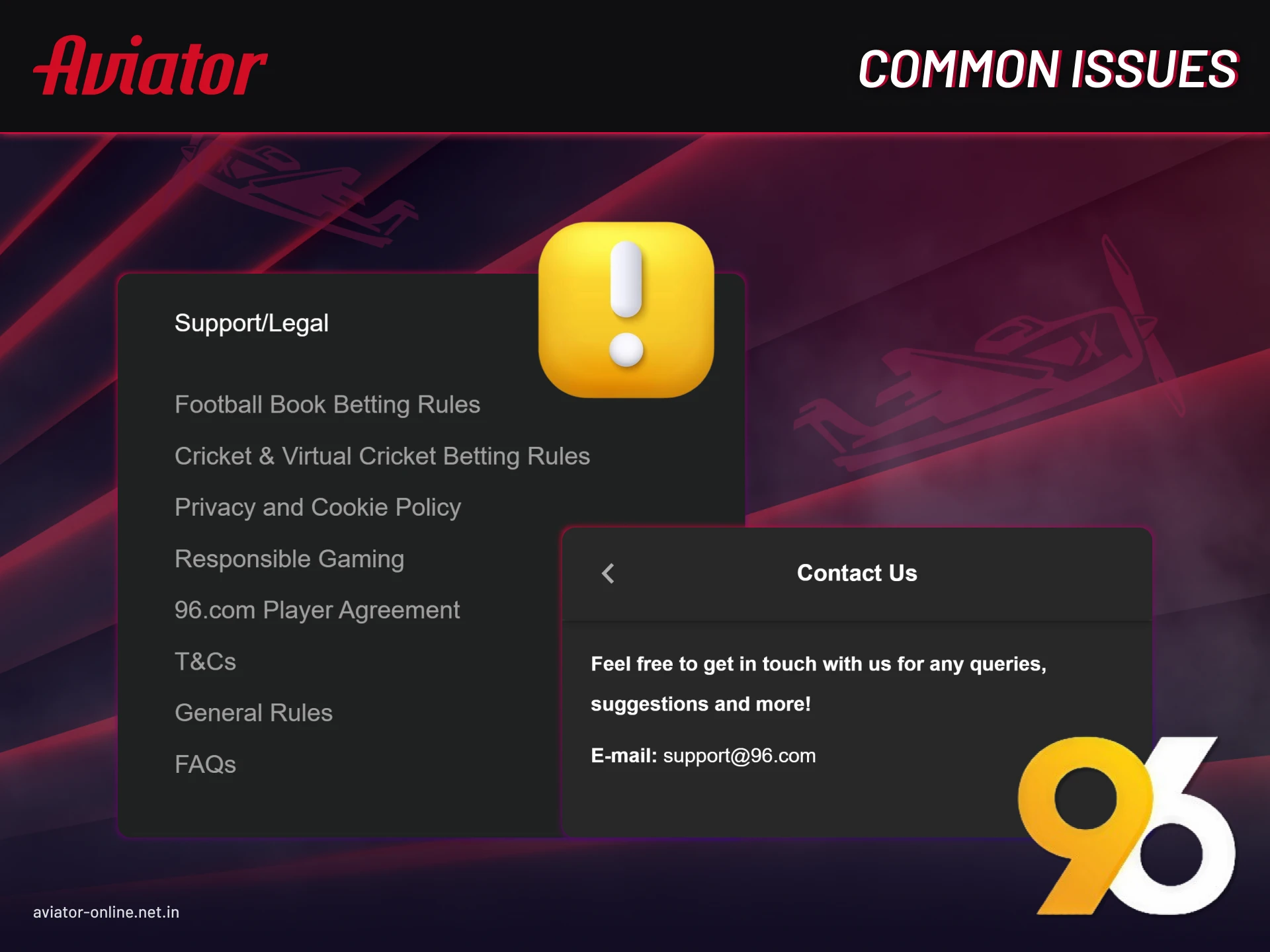 Troubleshooting guide for 96in Aviator app errors.