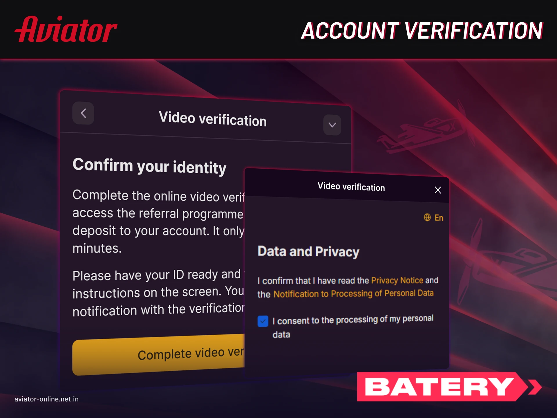 Complete KYC verification to secure your Batery Aviator account.