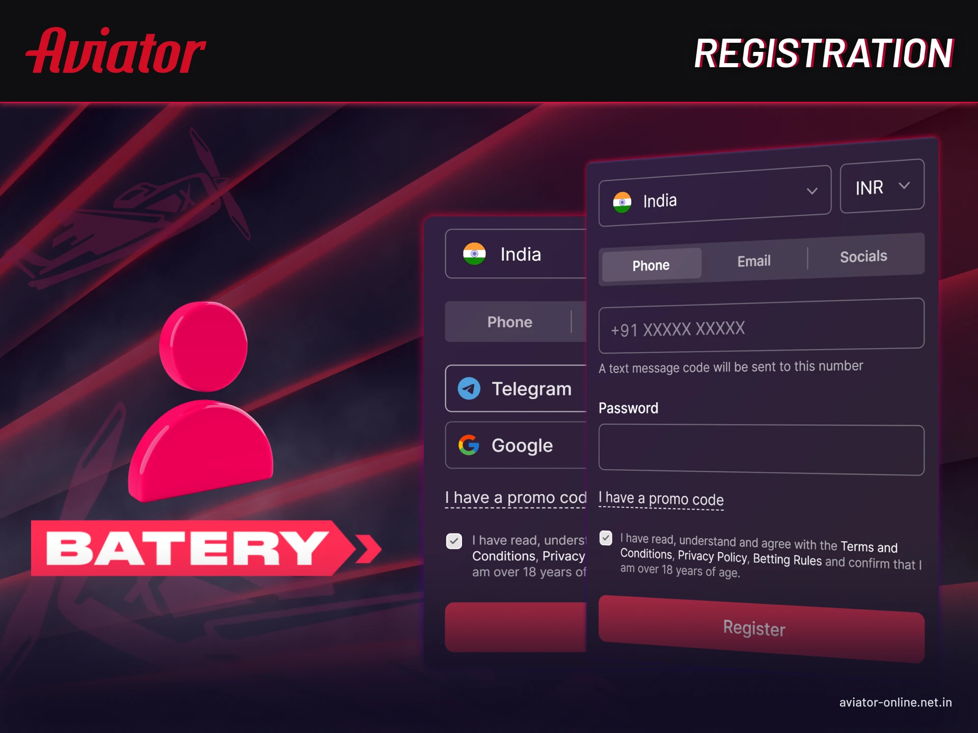 Step-by-step registration guide for Batery Aviator mobile app.