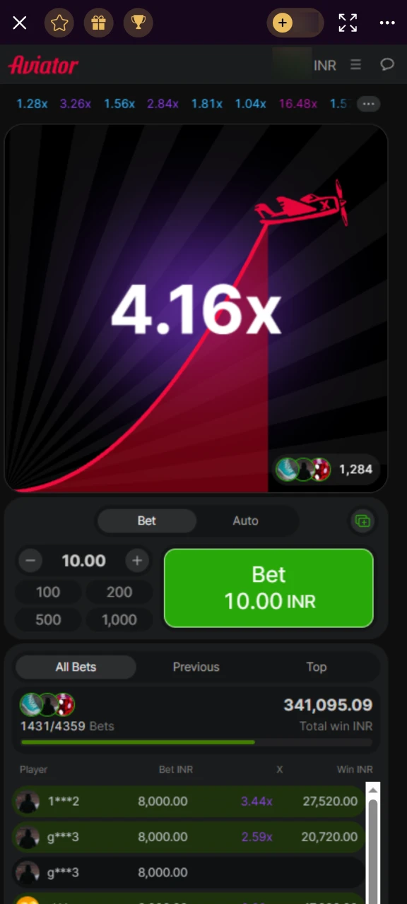 Coefficient increasing in real time on Batery Aviator app.