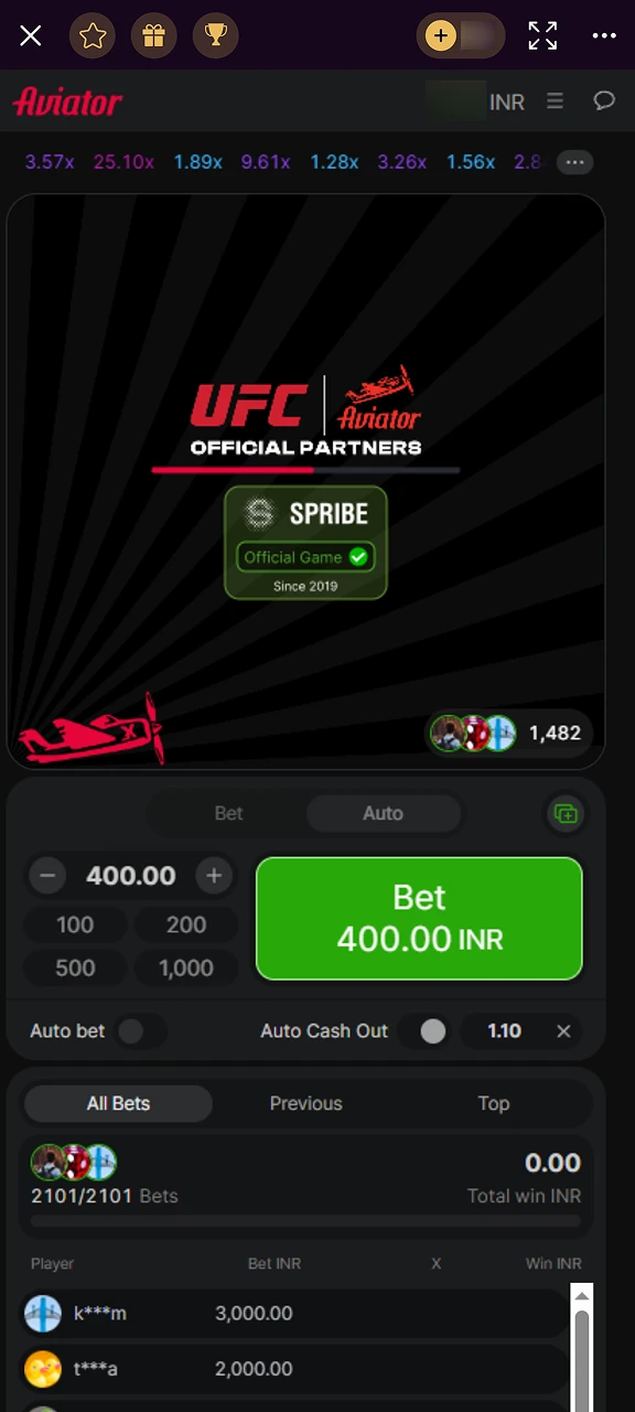 Batery Aviator app showing round results on screen.