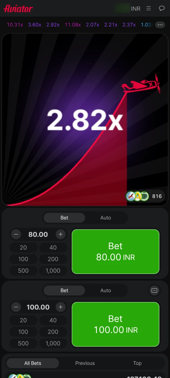 Indibet Aviator app showing double bet option during gameplay on smartphone.