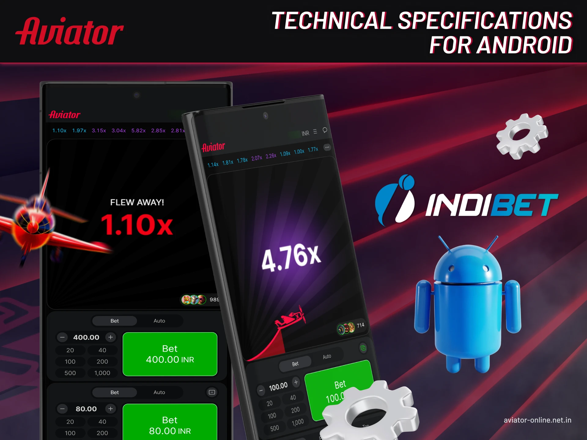 Android system requirements and technical details for installing Indibet Aviator mobile app.