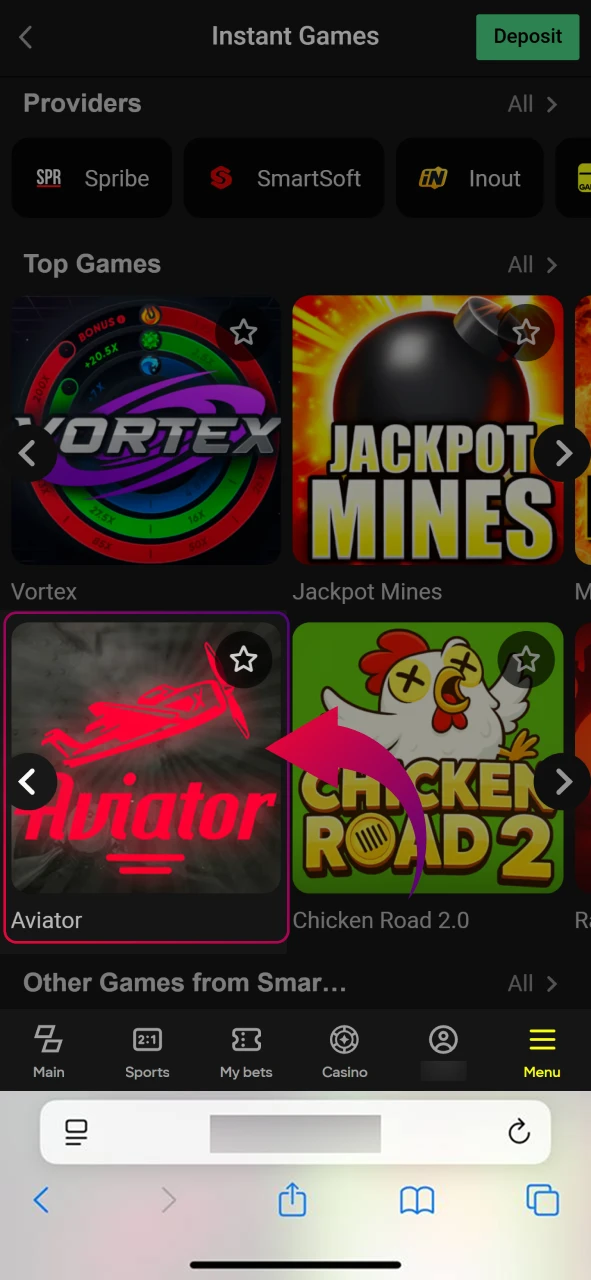Find the Aviator game from the many games provided.