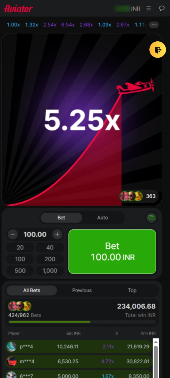 Rising multiplier graph in Aviator 96in app round.