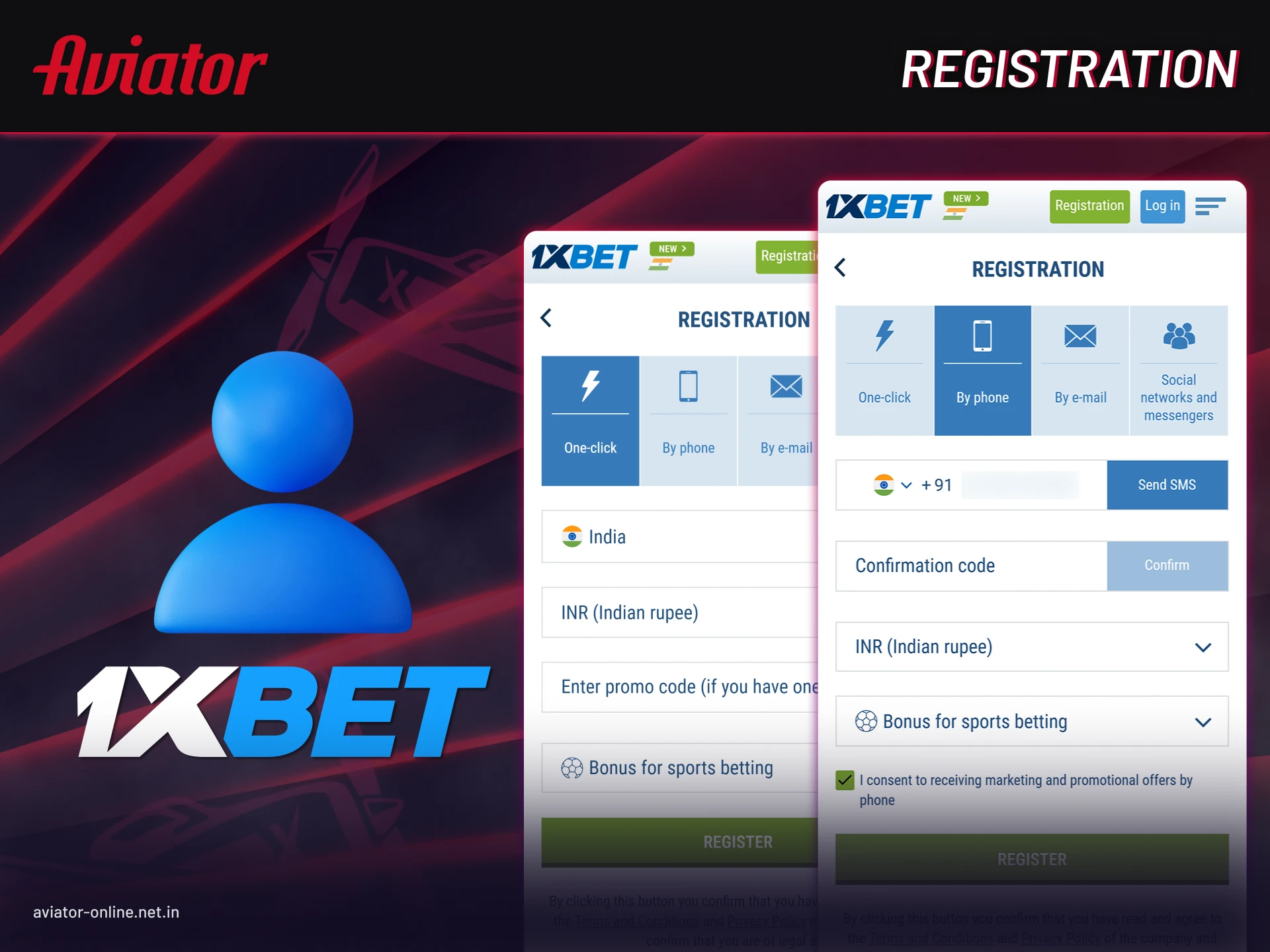 Step-by-step registration process inside 1xBet Aviator mobile app.