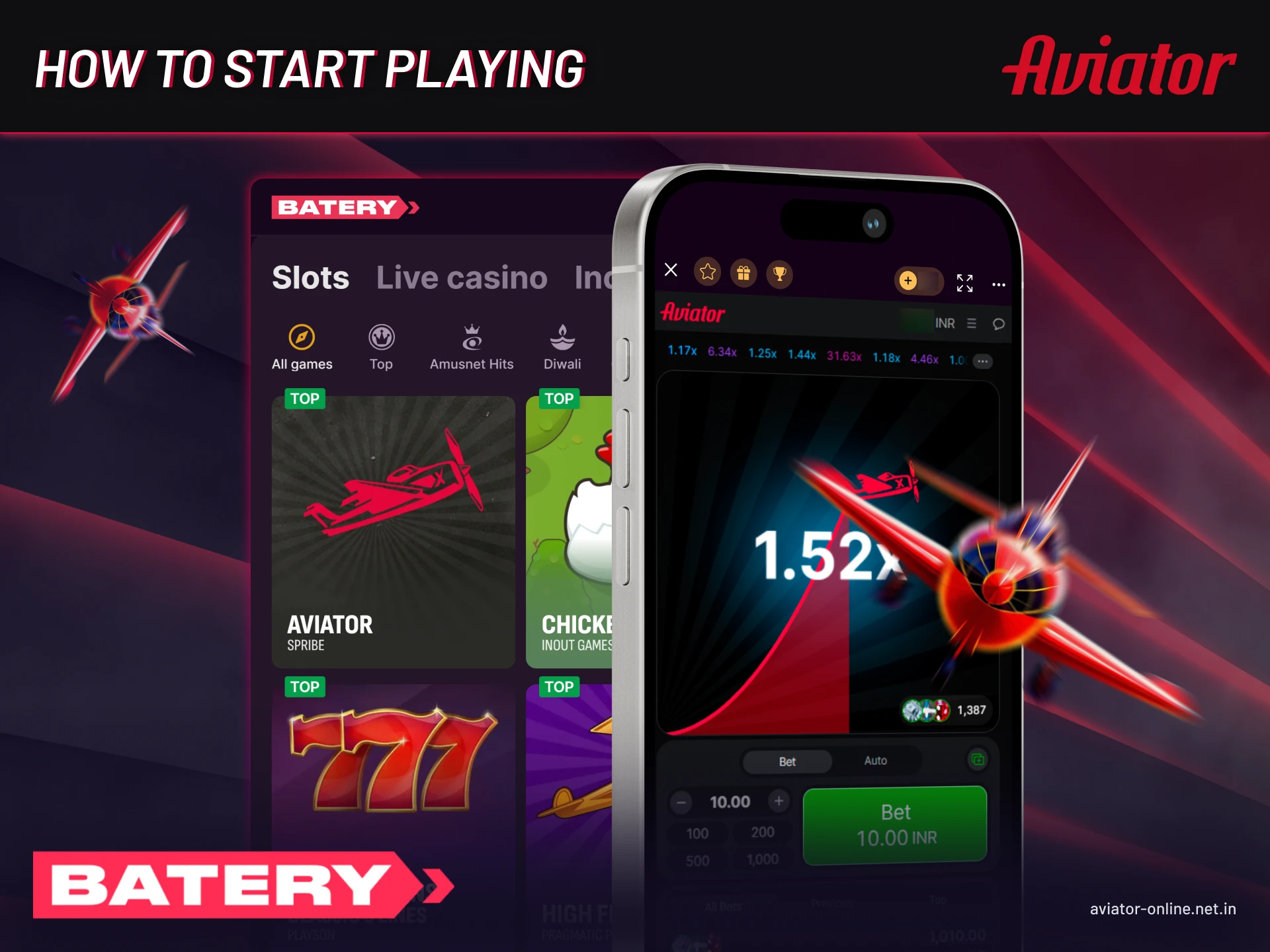 Guide to begin Batery Aviator gameplay on mobile in India.