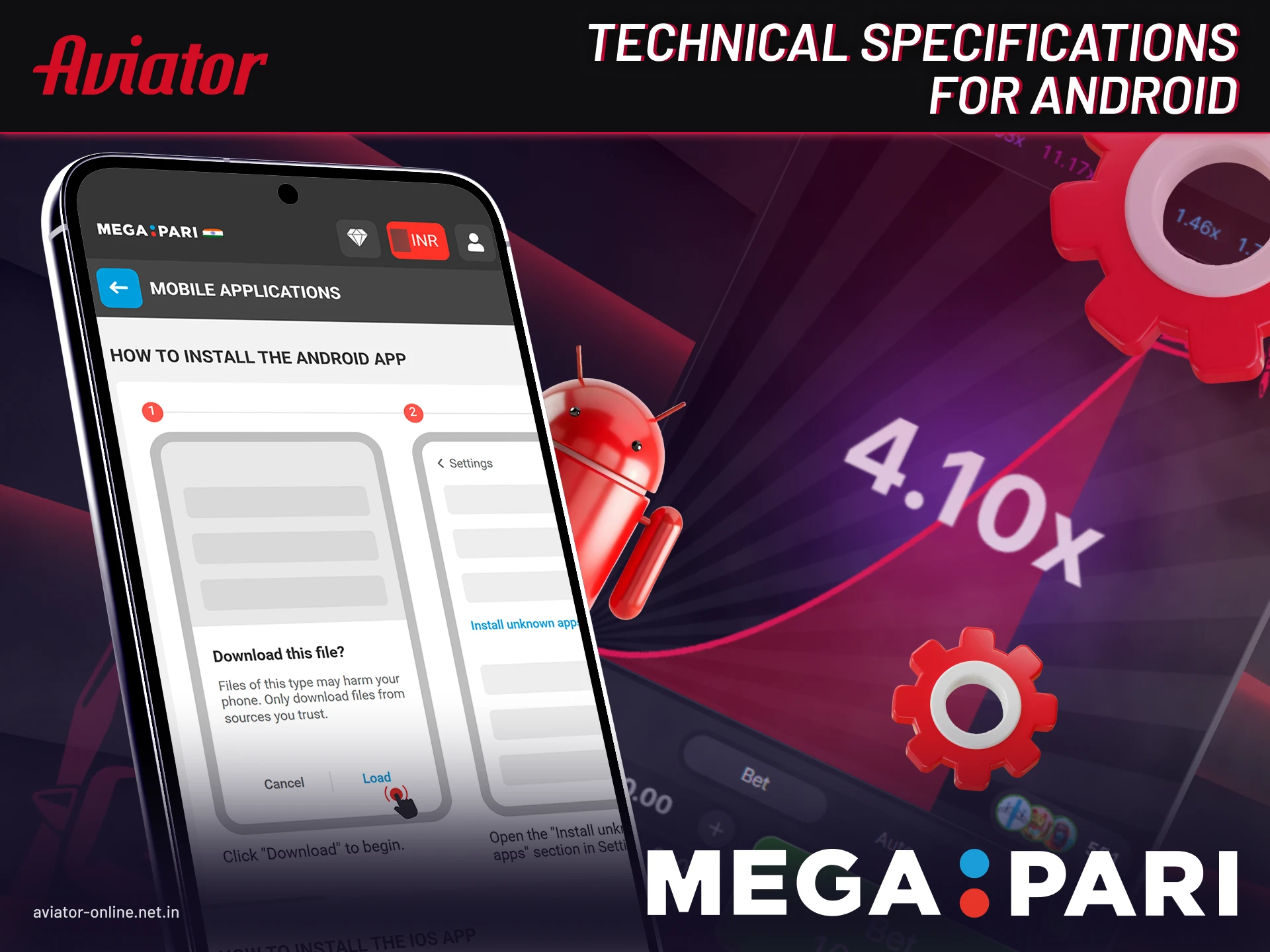 Minimum and recommended Android specifications for installing Megapari Aviator app.