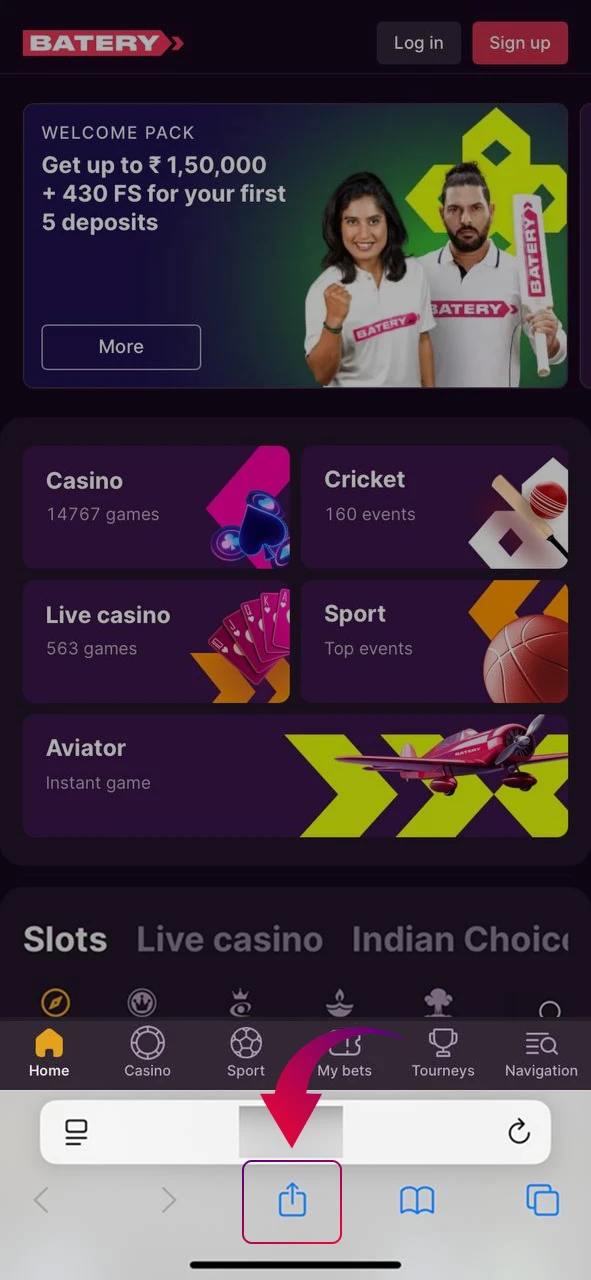 Use Safari’s Share icon to create a shortcut for Batery Aviator on iOS.