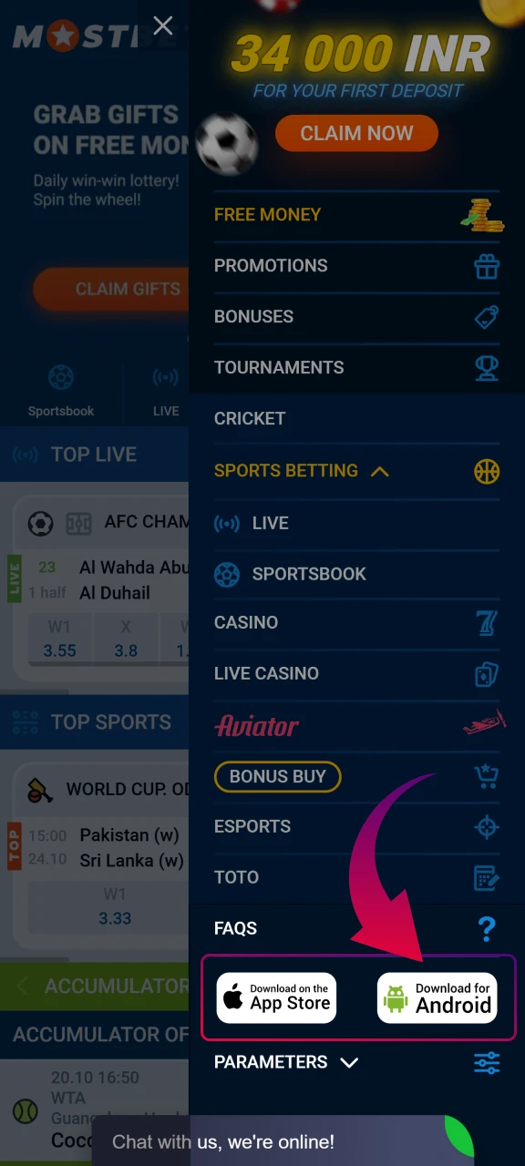 Finding Android app icon on Mostbet website.