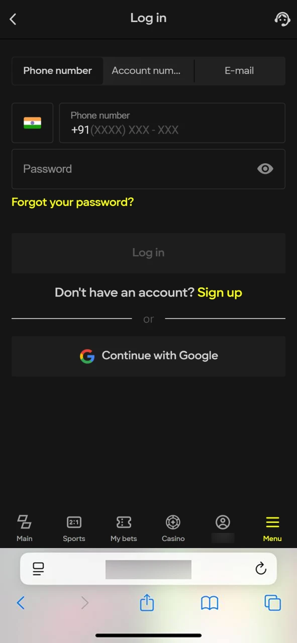 Log in to your account or register on Parimatch.